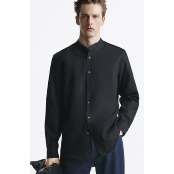 Zara Men Slim Fit XL Band Collar Long sleeve button Black Shirt Cotton Textured - Picture 1 of 9